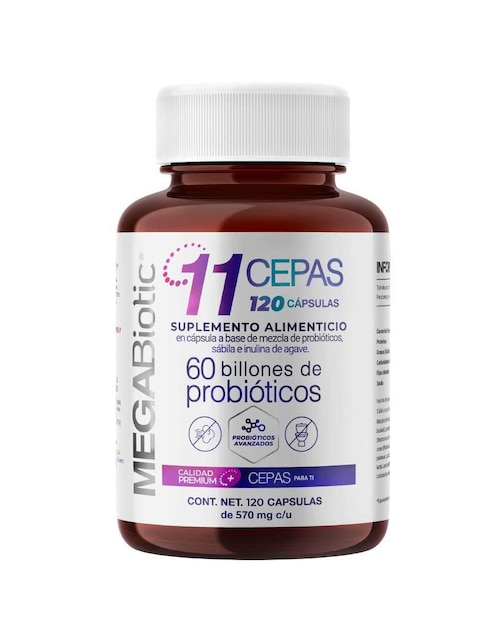 60 Billones de Probióticos 11 Cepas Megabiotic con enzimas digestivas y probióticos sabor 120 cap