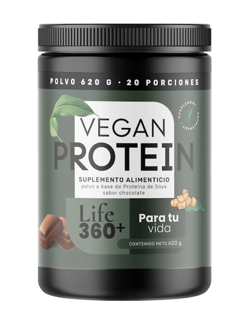 Proteína vegana Life360+ con proteína de soya con aminoácidos sabor chocolate 620 g