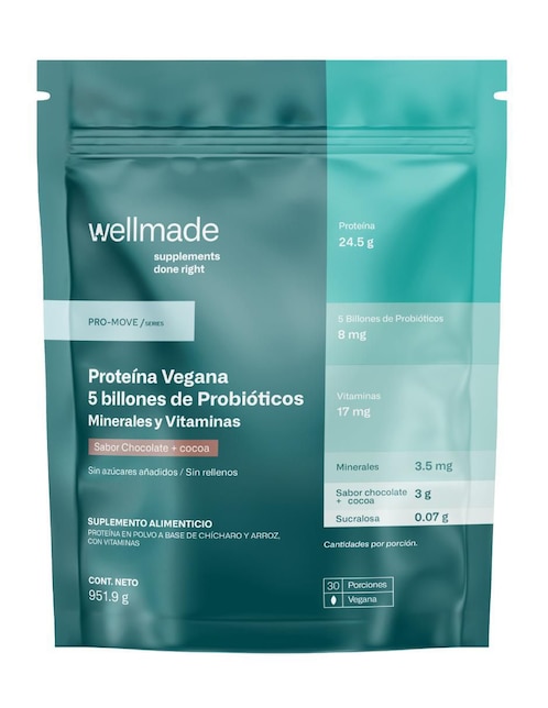 Suplemento alimenticio Wellmade con proteína de arroz, proteína de chícharo y probióticos sabor chocolate y cocoa 951.9 g