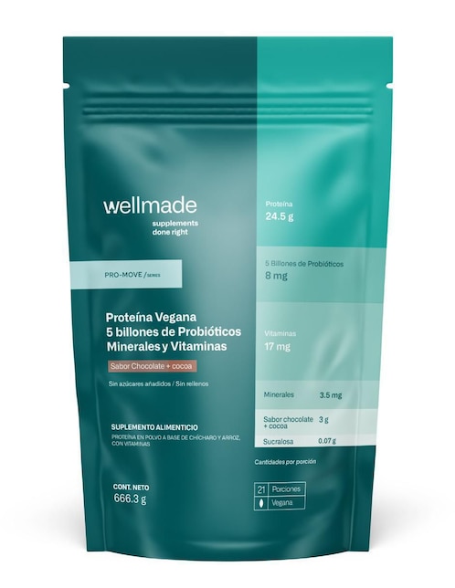 Suplemento alimenticio Wellmade con proteína de arroz, proteína de chícharo y probióticos sabor chocolate y cocoa 666.3 g