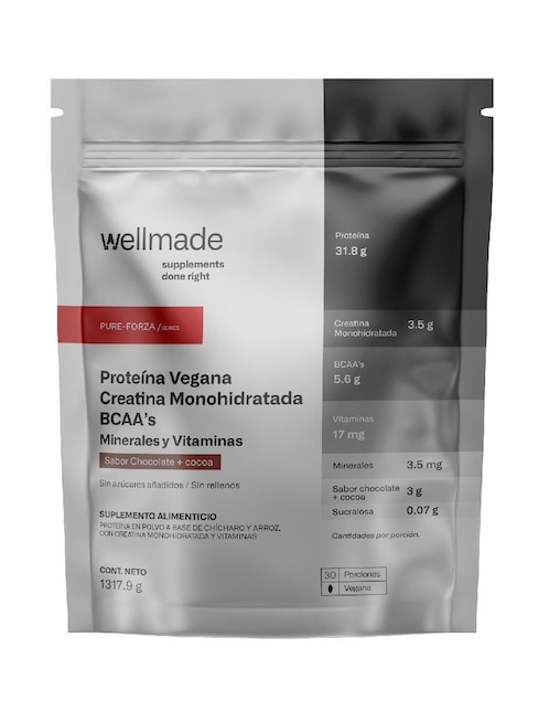 Suplemento alimenticio Pure-forza Wellmade con proteína de arroz, proteína de chícharo y creatina sabor chocolate y cocoa 1317.9 g
