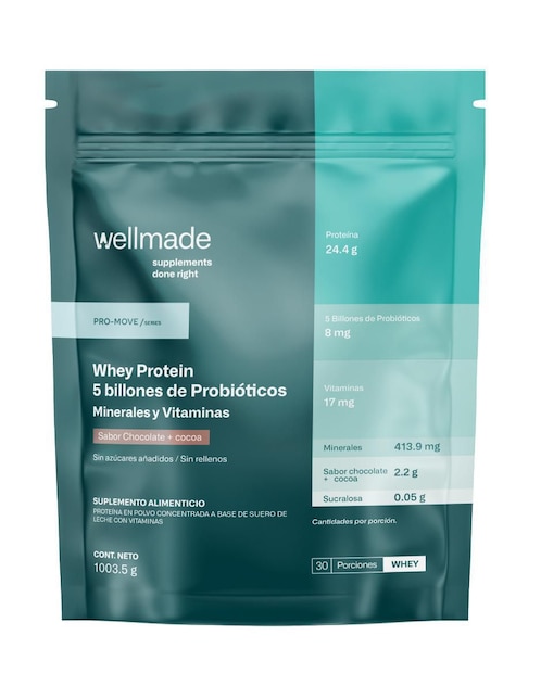 Suplemento alimenticio Wellmade con proteína whey y probióticos sabor chocolate y cocoa 1 kg