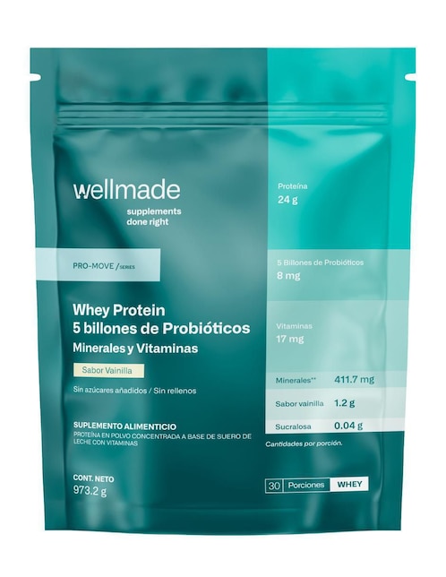 Suplemento alimenticio Wellmade con proteína whey y probióticos sabor vainilla 973.2 g