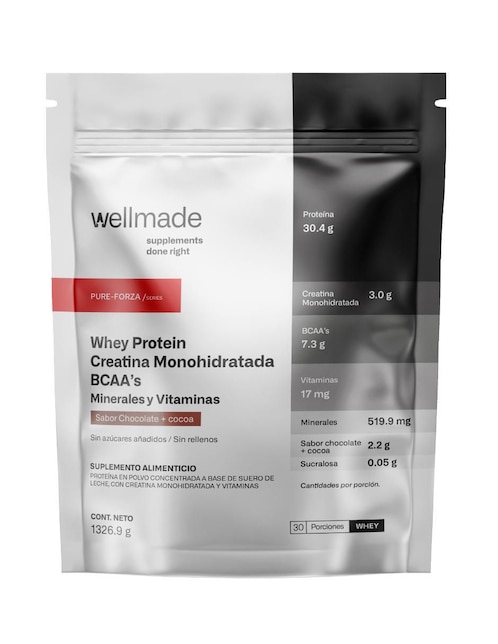 Suplemento alimenticio Wellmade con proteína whey y creatina monohidratada sabor chocolate y cocoa 1326.9 g