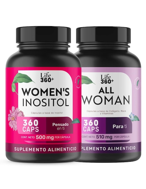 Suplementos para mujer Multivitamínico 2Pack Life 360+ con inositol, biotina, colágeno hidrolizado, vitamina b1, b2, b3, b5, b6, b12, c, D3, e, k, ácido fólico, zinc, maca negra, maca amarilla y maca roja