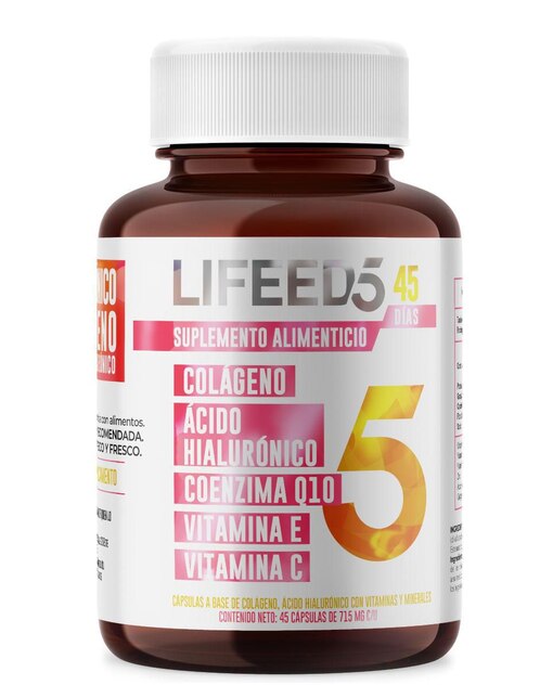 Suplemento alimenticio Lifeed5 con colágeno hidrolizado, ácido hialurónico, vitamina c, vitamina e, coenzima q10, zinc, magnesio y calcio no saborizado 45 cápsulas