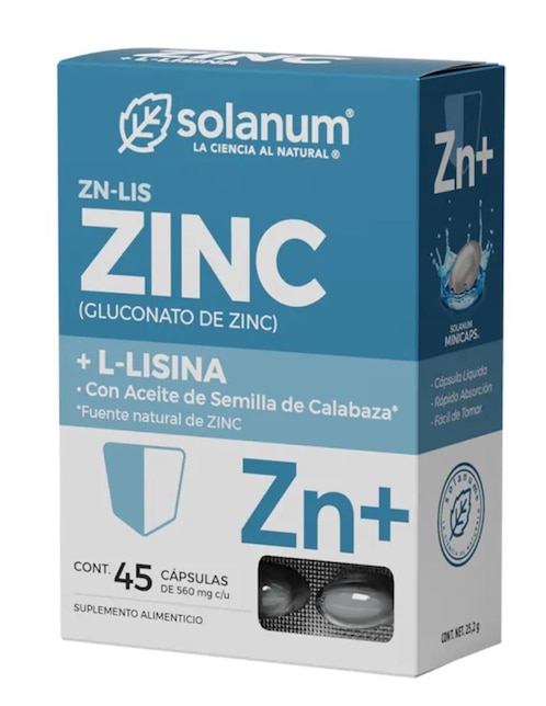 Zinc + LISINA Solanum con zinc de 45 cápsulas