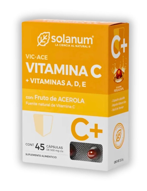 Vitamina C + Vitaminas A, D, E, Fruto de Acerola Solanum 45 cáp