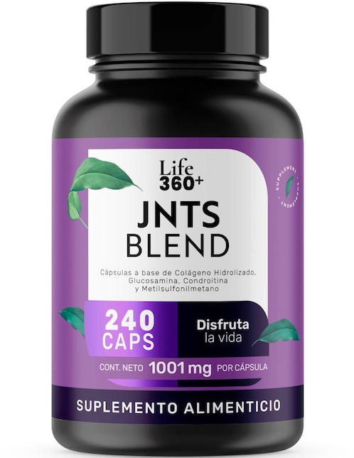 Jnts Blend: MSM Metilsulfonilmetano, D-glucosamina, Sulfato de Condroitina Bovina, Colágeno Hidrolizado, Estearato de Magnesio y Dióxido de Silicio Life 360+ Life360+ con metilsulfonilmetano de 240 cápsulas