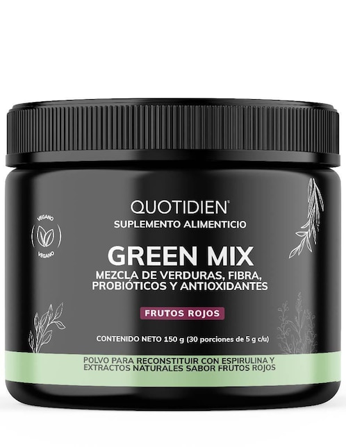 Green Mix, Jugo Verde Té Matcha, Clorofila, Enzimas Digestivas, Probióticos Bloom Quotidien sabor frutos rojos de 150 g