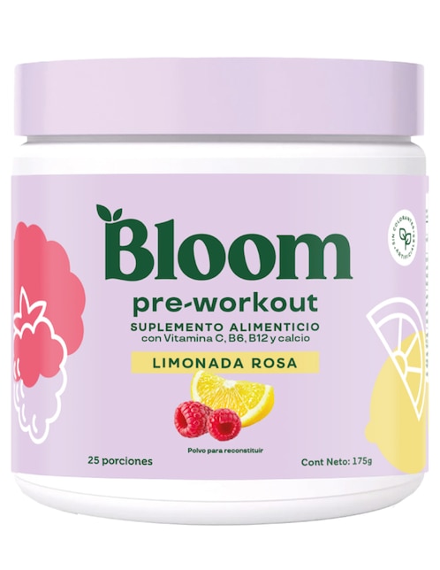 Pre-Workout Bloom con Vitamina C, B6, B12 y calcio sabor limonada rosa