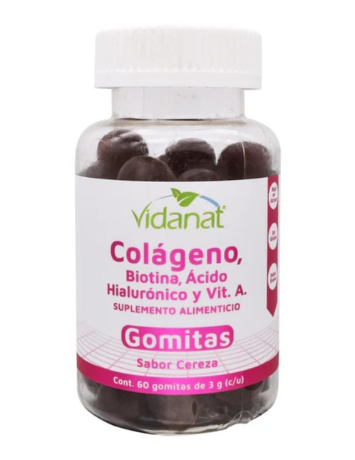 Gomitas Colágeno Biotina Ácido Hialurónico Vidanat sabor cereza