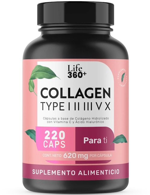 Collagen type i, ii, iii, v y x: colágeno hidrolizado + vitmina c + ácido hialurónico Life360+