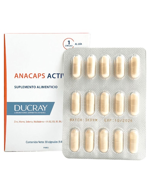 Anacaps Activ+ Ducray con zinc, hierro, selenio, molibdeno, vitamina b2, b3, b5, b6, b8, b9, c, e, pp