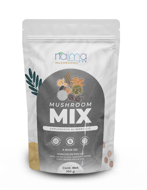 Mushroom Mix en Polvo Naima con reishi, chaga, melena de león, maitake, shiitake, cola de pavo y cordyceps sabor natural de 100 g