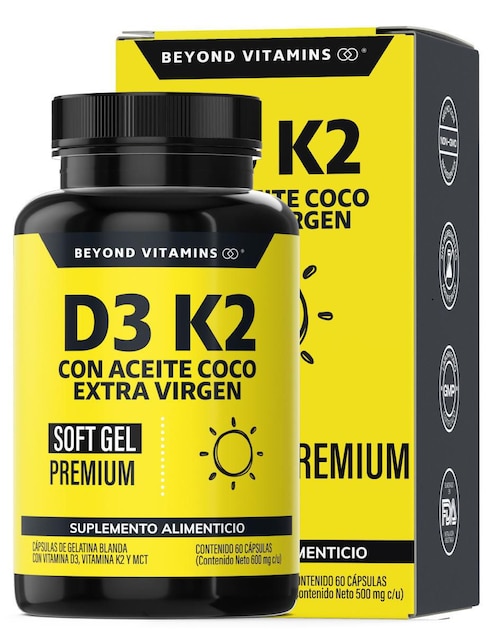 BEYOND VITAMINS Vitamina D3 Vitamina K2 Aceite de Coco Soft Gel Beyond Vitamins de 60 cápsulas