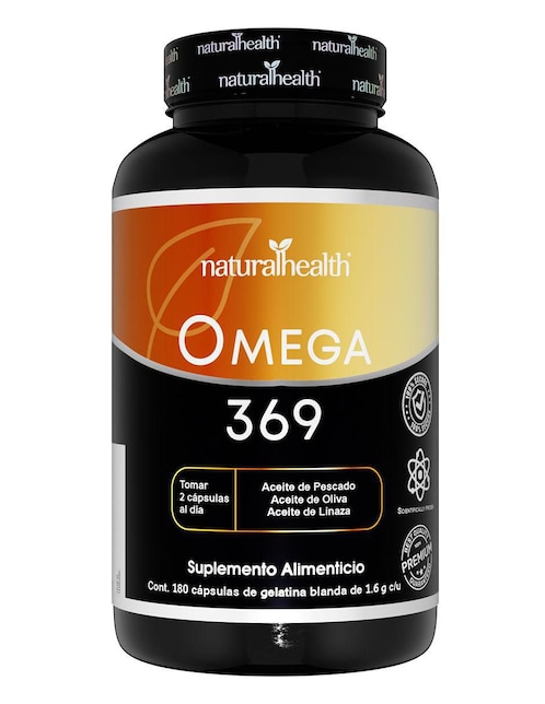 Omega 369 frasco con 180 cápsulas de 1.6 g. Natural Health con omega 3 ,6 y 9, aceite de salmón, aceite de linaza y aceite de oliva extra virgen