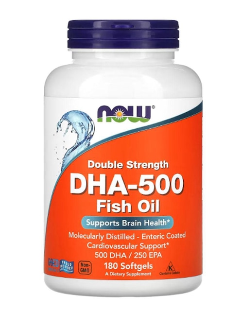 Aceite de pescado DHA-500 de doble potencia Now Foods con ácido docosahexaenoico de 180 cápsulas