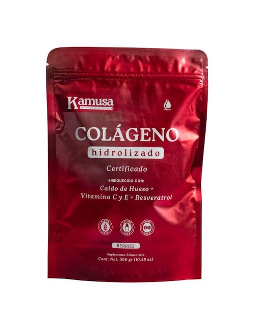 Colágeno Hidrolizado Kamusa con Péptidos de Colágeno Hidrolizado Bovino y Marino I II y III, Caldo de Hueso, Resveratrol y Vitamina C y E sabor berry de 300 g