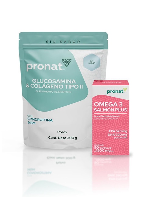 Set de suplementos de omega 3 salmón plus, glucosamina & colágeno tipo II Pronat
