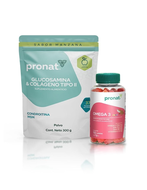 Set de suplementos alimenticios de Omega 3 infantil gomitas y glucosamina & colágeno tipo II Pronat de diferentes sabores