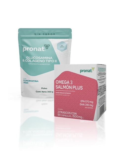 Set de suplementos alimenticios de Omega 3 salmón plus dúo y glucosamina & colágeno tipo II Pronat con DHA, EPA y vitamina E