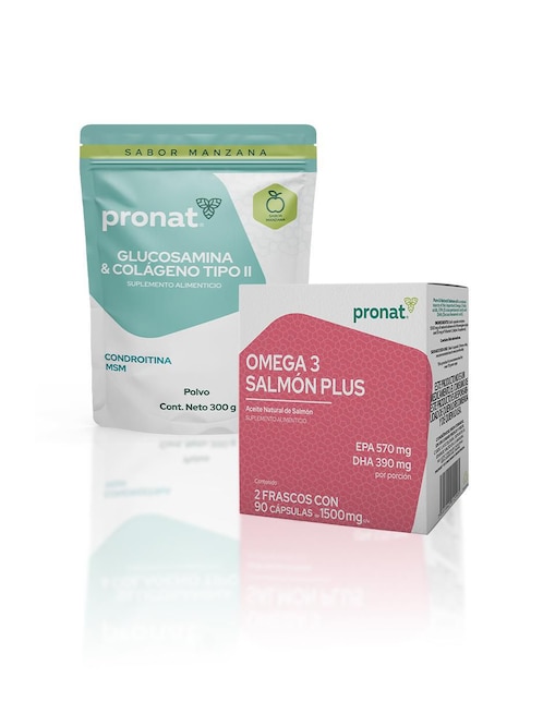 Set de suplementos alimenticios de Omega 3 salmón plus dúo y glucosamina & colágeno tipo II Pronat con DHA, EPA y vitamina E de diferentes sabores