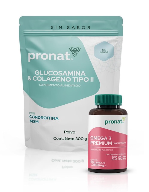 Set de suplementos de Omega 3 premium y glucosamina & colágeno tipo II Pronat de diferentes sabores