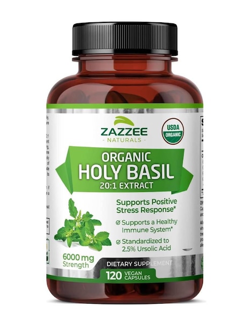 Albahaca sagrada orgánica suplemento antiestrés y apoyo inmunológico Zazzee con tulsi-holy basil de 120 cápsulas