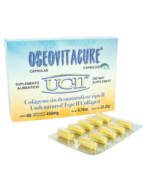 Suplemento alimenticio colágeno tipo II uc II Oseovitacure con cúrcuma de 60 cáp