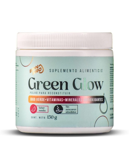 Green Glow Jugo Verde con Alfalfa, Apio, Nopal, Espinaca, Zanahoria, Naranja, Jengibre, Piña, Vitaminas, Calcio y Astaxantina Bpn Pro sabor sandía de 150 g