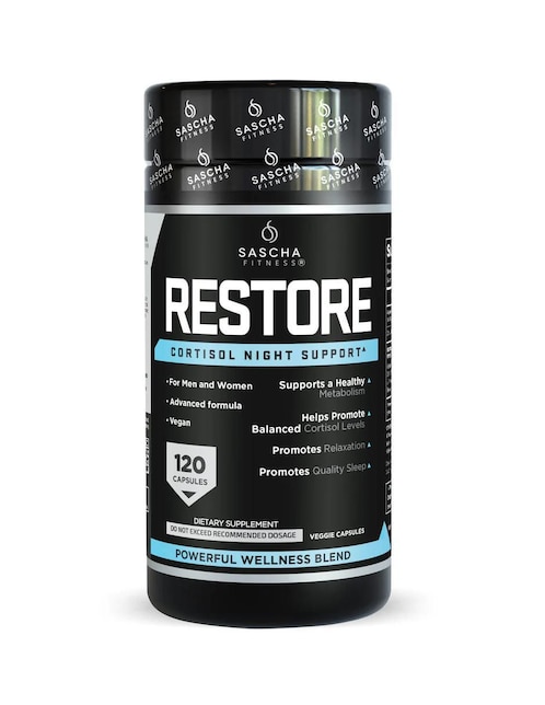 Restore Sascha Fitness con ashwagandha y magnesio de 120 cápsulas