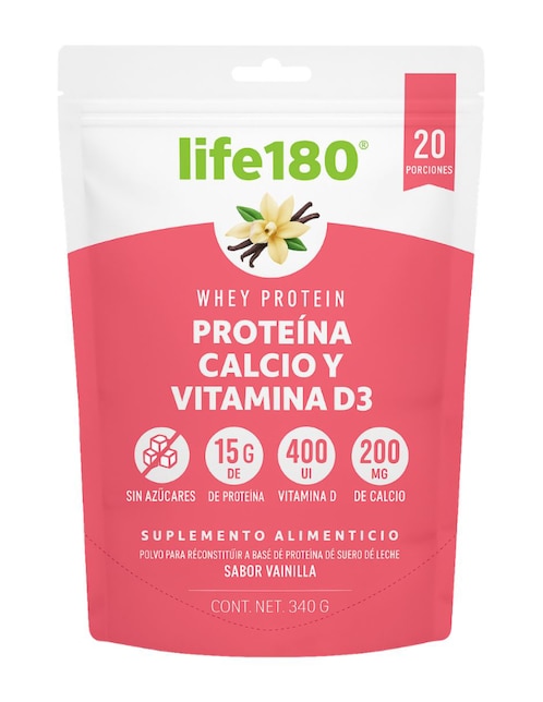 LIFE 180 Proteína con calcio y vitamina D3 en polvo Life 180 con proteína de suero de leche sabor vainilla de 340 G