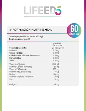 Colágeno con vitaminas y minerales suplemento alimenticio Lifeed5 cápsulas para mujer