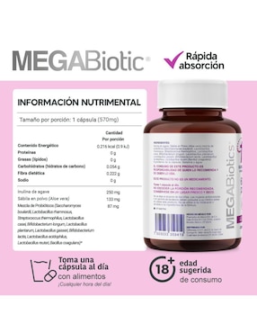 11 Cepas Megabiotic con inulina de agave, lactobacillus acidophilus de 60 cápsulas