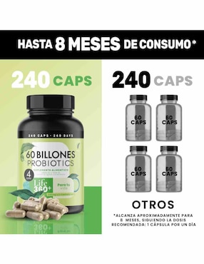 PROBIOTICOS 60 BILLONES Life360+ con probióticos de 240 cápsulas