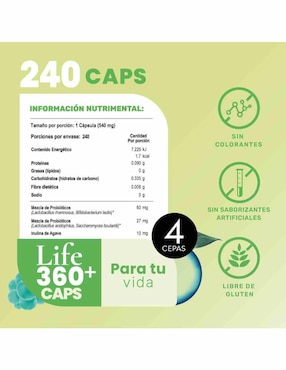 PROBIOTICOS 60 BILLONES Life360+ con probióticos de 240 cápsulas