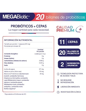 20 Billones de Probioticos 11 Cepas MegaBiotic 60 cápsulas
