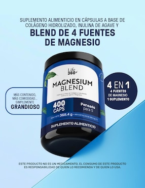 Magnesium mix 4 tipos de magnesio, citrato, glicinato, gluconato y óxido de magnesio con 400 cápsulas. life360+ de 400 cápsulas
