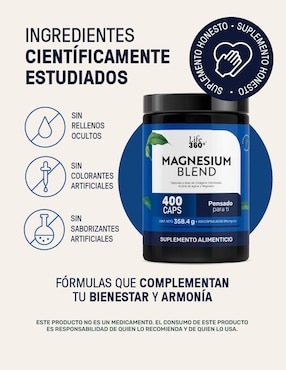 Magnesium mix 4 tipos de magnesio, citrato, glicinato, gluconato y óxido de magnesio con 400 cápsulas. life360+ de 400 cápsulas