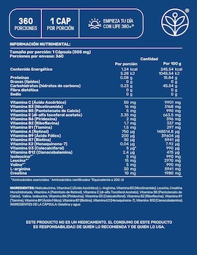 All men Life360+ con creatina monohidratada, bcaa 2:1:1 (l-leucina, l-isoleucina, l-valina) y l-arginina, vitaminas de 360 cápsulas