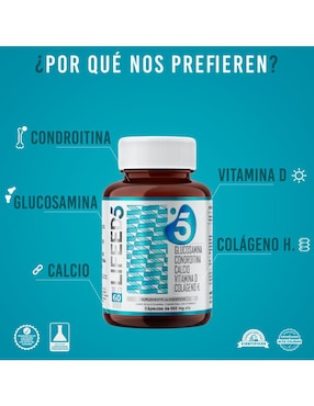 Glucosamina, Condroitina, Colágeno Hidrolizado, Calcio y Vitamina D, Suplemento para Articulaciones, Huesos y Músculos 60 Cápsulas suplemento alimenticio Lifeed5 unisex