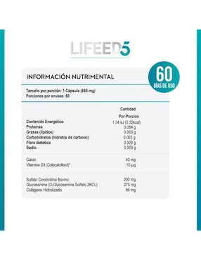 Glucosamina, Condroitina, Colágeno Hidrolizado, Calcio y Vitamina D, Suplemento para Articulaciones, Huesos y Músculos 60 Cápsulas suplemento alimenticio Lifeed5 unisex