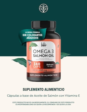 Suplemento alimenticio Life360+ con omega 3, aceite de salmón con DHA y EPA de 360 cápsulas