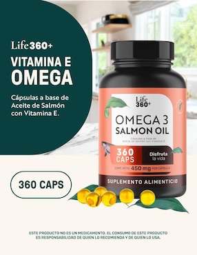 Suplemento alimenticio Life360+ con omega 3, aceite de salmón con DHA y EPA de 360 cápsulas