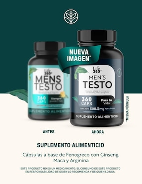 Mens Testo Suplemento con Fenogreco, Maca, Magnesio, L- arginina y vitaminas de 360 Cápsulas Life360+ para hombre