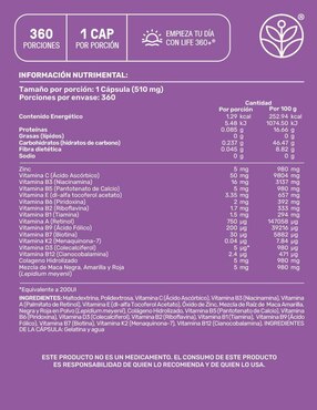 Multivitamínico para mujer con colágeno hidrolizado, biotina, ácido fólico, vitamina a, c, d, b12 y zinc, 360 cápsulas. Vitamina life360+ para mujer