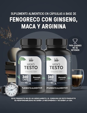 2 Pack Mens Testo Suplemento para Hombre con Fenogreco, Maca, Magnesio, L- arginina y vitaminas de 360 Cápsulas Life360+ de 2 pzas