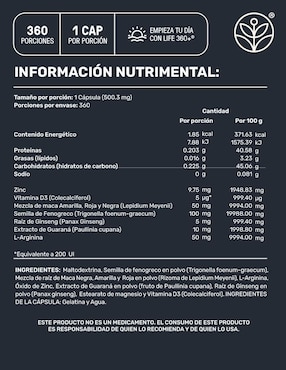 2 Pack Mens Testo Suplemento para Hombre con Fenogreco, Maca, Magnesio, L- arginina y vitaminas de 360 Cápsulas Life360+ de 2 pzas