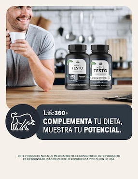 2 Pack Mens Testo Suplemento para Hombre con Fenogreco, Maca, Magnesio, L- arginina y vitaminas de 360 Cápsulas Life360+ de 2 pzas